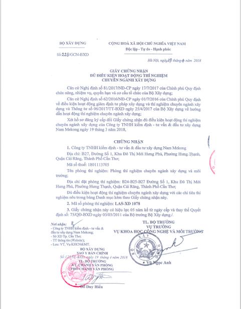 Giấy Chứng Nhận Đủ Điều Kiện Hoạt Động Thí Nghiệm Chuyên Ngành Xây Dựng (Số 226/GCN-BXD Do Bộ Xây Dựng Cấp Ngày 19.4.2018​