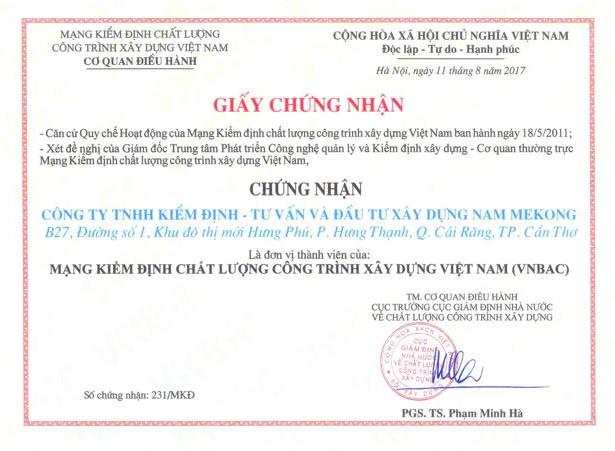 Chứng nhận Thành viên mạng Kiểm định chất lượng công trình xây dựng Việt Nam (VNBAC)